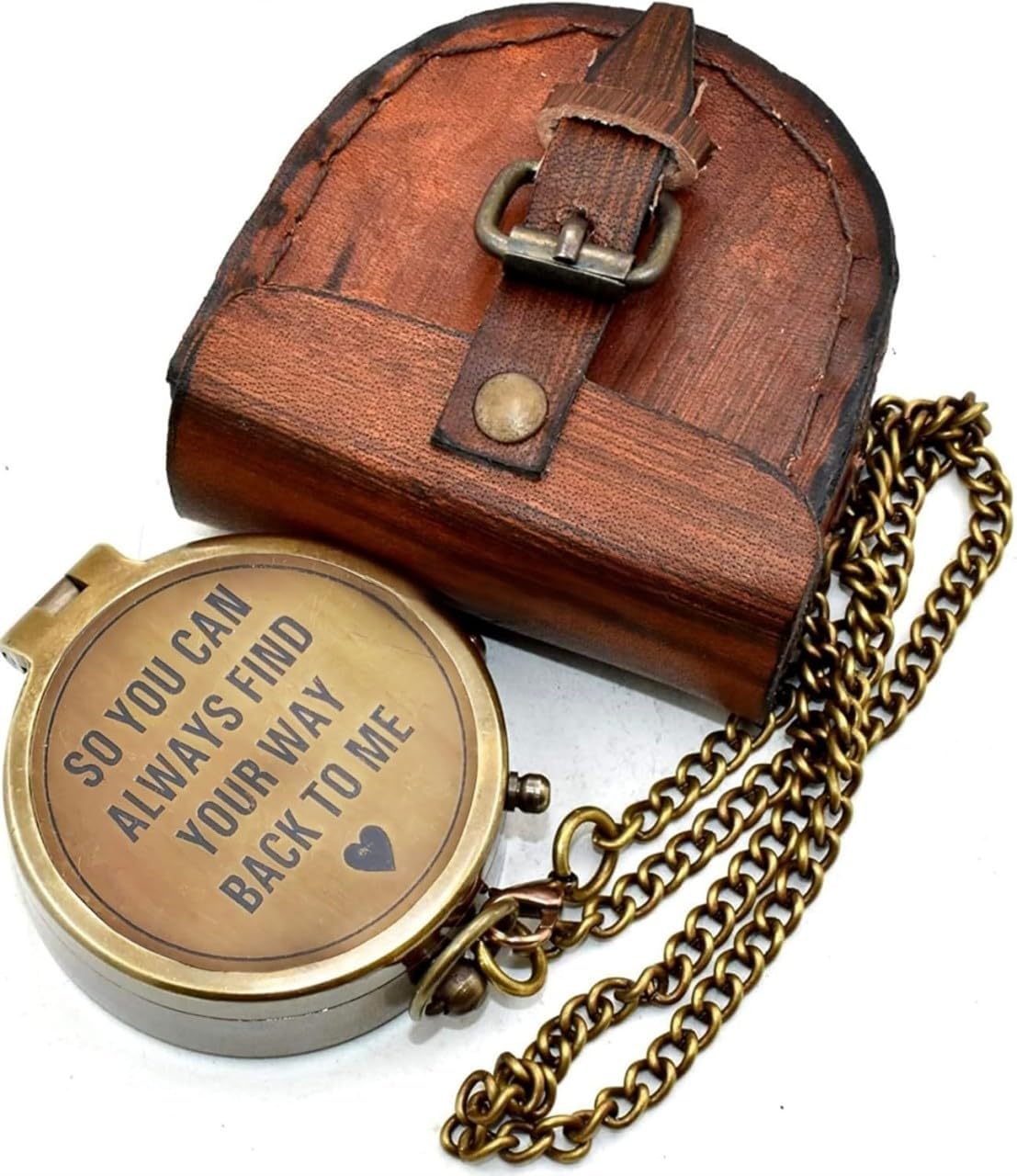 So You Can Always Find Your Way Back Home Engraved Brass Compass with Leather Case & Chain, Vintage Pocket Compass Gift for Men, Husband, Son, Graduation, Hiking, Anniversary, Navigation Compass