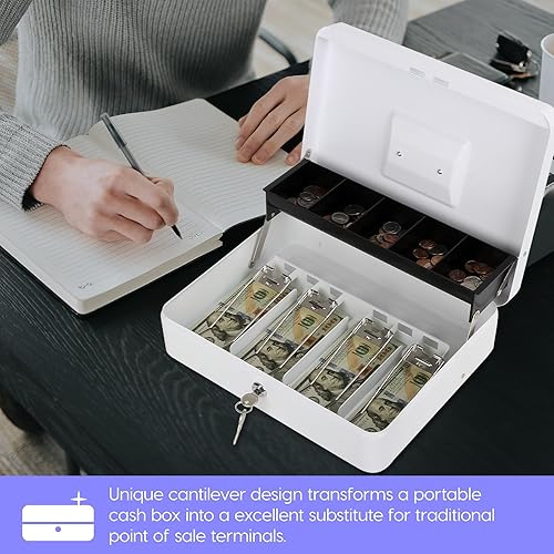 Miniatura 5 de Caja de efectivo con cerradura y 2 llaves, caja de dinero de metal con bandeja para efectivo, caja fuerte con cerradura, 4 ranuras para billetes5