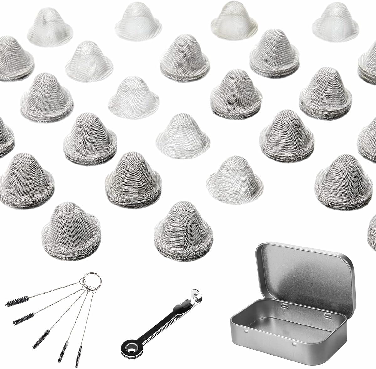 60 Pieces 1/2 Inch Stainless Steel Mesh Clean Screens Tapered | Tapered Design, 3-in-1 Cleaning Tool, Brush, Stainless Steel Storage Box