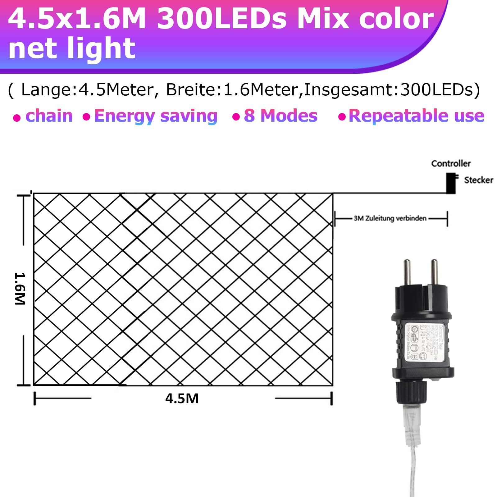 Eulenke Siatka świetlna na zewnątrz i wewnątrz, 4,5 x 1,6 m, 300 diod LED, kolorowa siatka świetlna z 8 trybami + funkcja pamięci, IP44, do dekoracji balkonów, ogrodów i domów