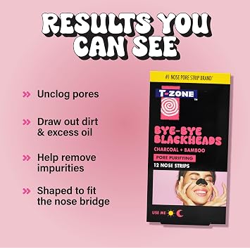 T-Zone Charcoal & Bamboo Blackhead Removal Nose Pore Strips (12 Pack) | Activated charcoal strips help grip blackheads, dirt and excess oil for a satisfying peel and cleaner-looking nose in minutes