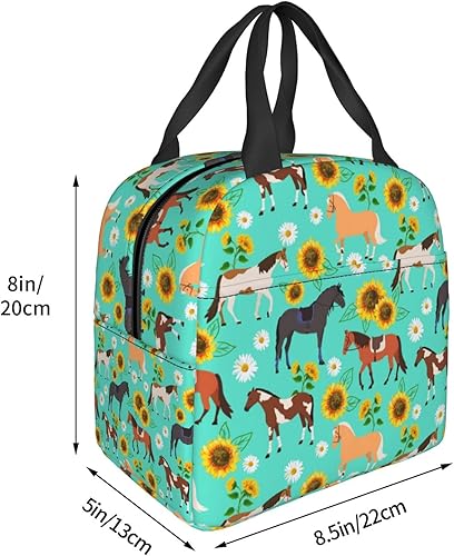 Miniatura 4 de Bonita bolsa de almuerzo con diseño de caballos de girasol, lonchera aislada para mujeres y hombres, bolsa de almuerzo reutilizable para oficina,