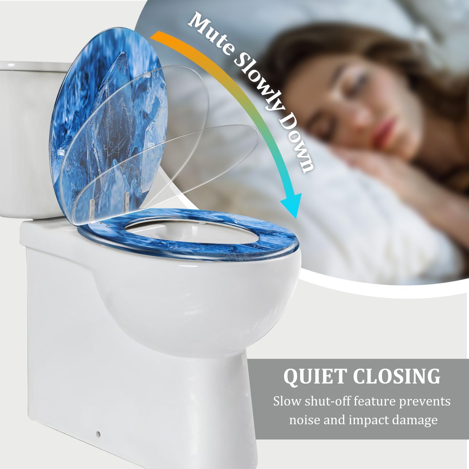 Copriwater allungato con chiusura ammortizzata e cerniere a sgancio rapido, in resina blu vetriolo solfato di rame, decorativo.