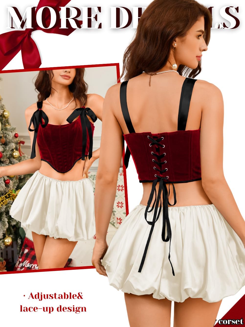 Kaei&Shi Velvet Corset Top,Bow Tie Front Lace-Up Corsets,Holiday Party Renaissance Costume Women
