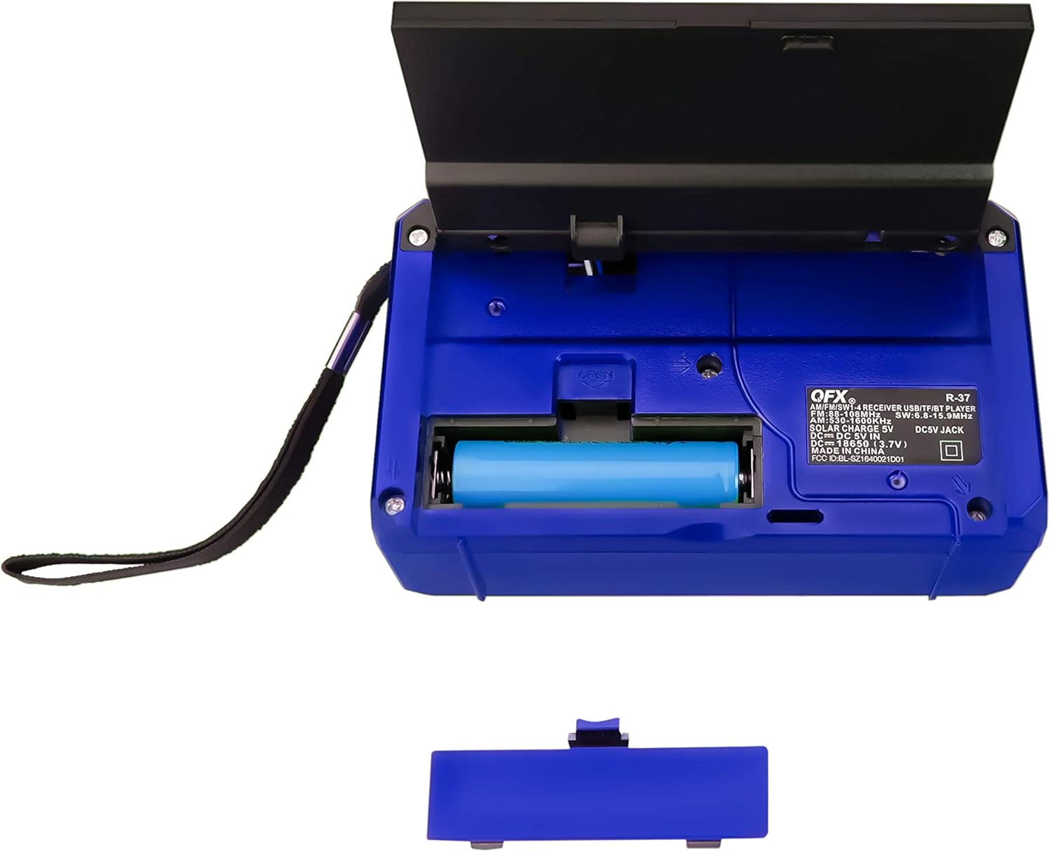 Galinis view of the QFX R-37-BL radio with the battery compartment open, showing the rechargeable battery inside.