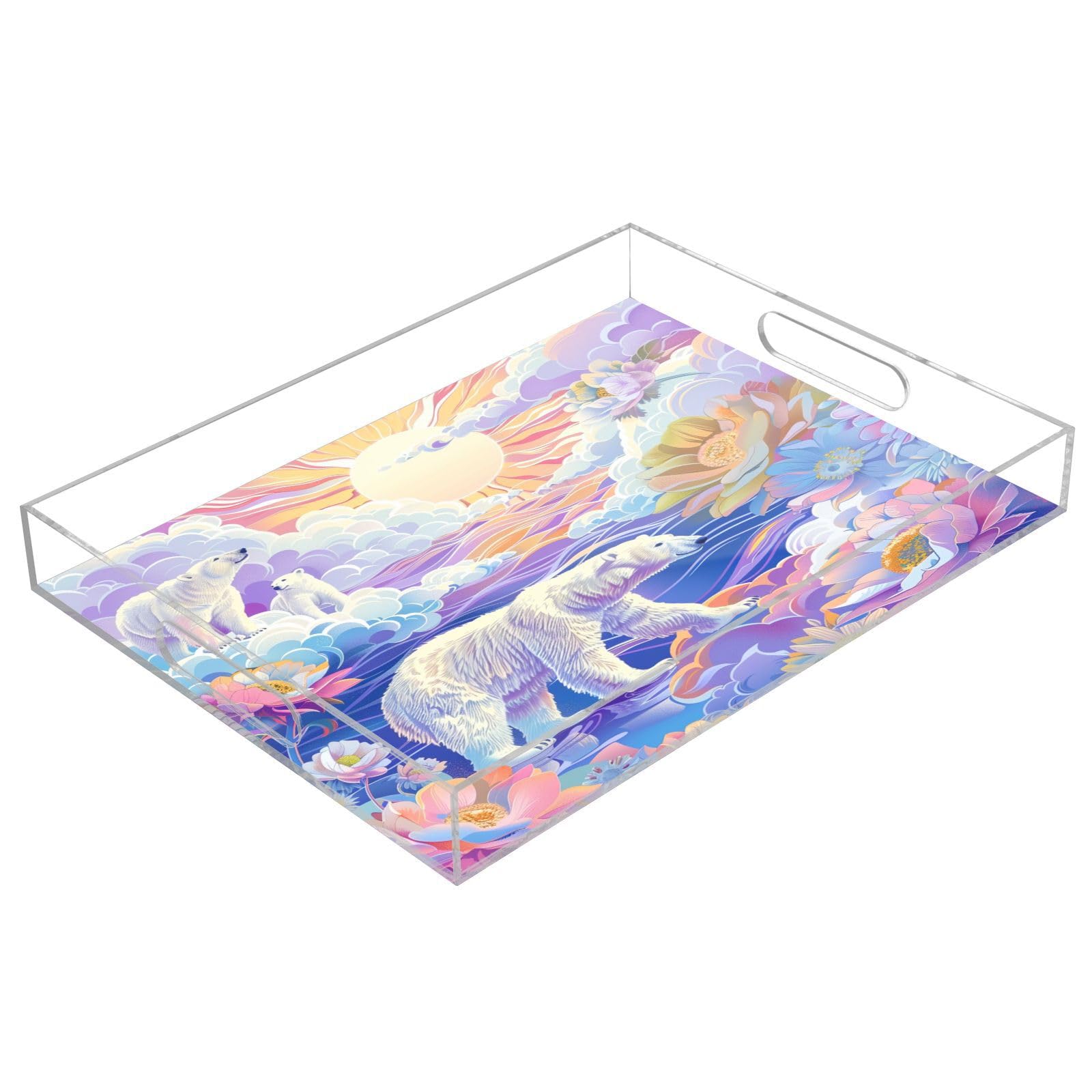 IOACIY Clear Serving Tray 12x16 Inches Acrylic Decorative Tray Organiser for Ottoman Coffee Table Countertop with Handles, Bear (4)