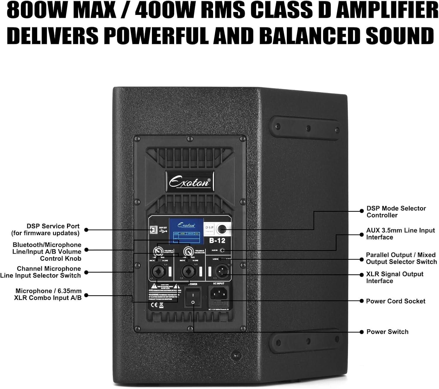 EXOTON B-12 Powered PA Speaker - 12" Coaxial Active Monitor 800W Class D Amp with DSP, 3-Band EQ,TWS,Full-Color Display for Monitoring, DJ(AC Powered)