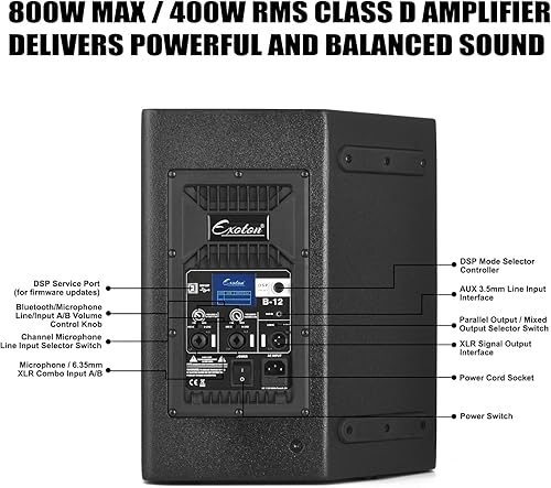 Miniatura 2 de EXOTON B-12 Altavoz de monitor coaxial activo de 12 pulgadas, sistema PA Bluetooth alimentado de 800 W con DSP integrado, amplificador de clase D,