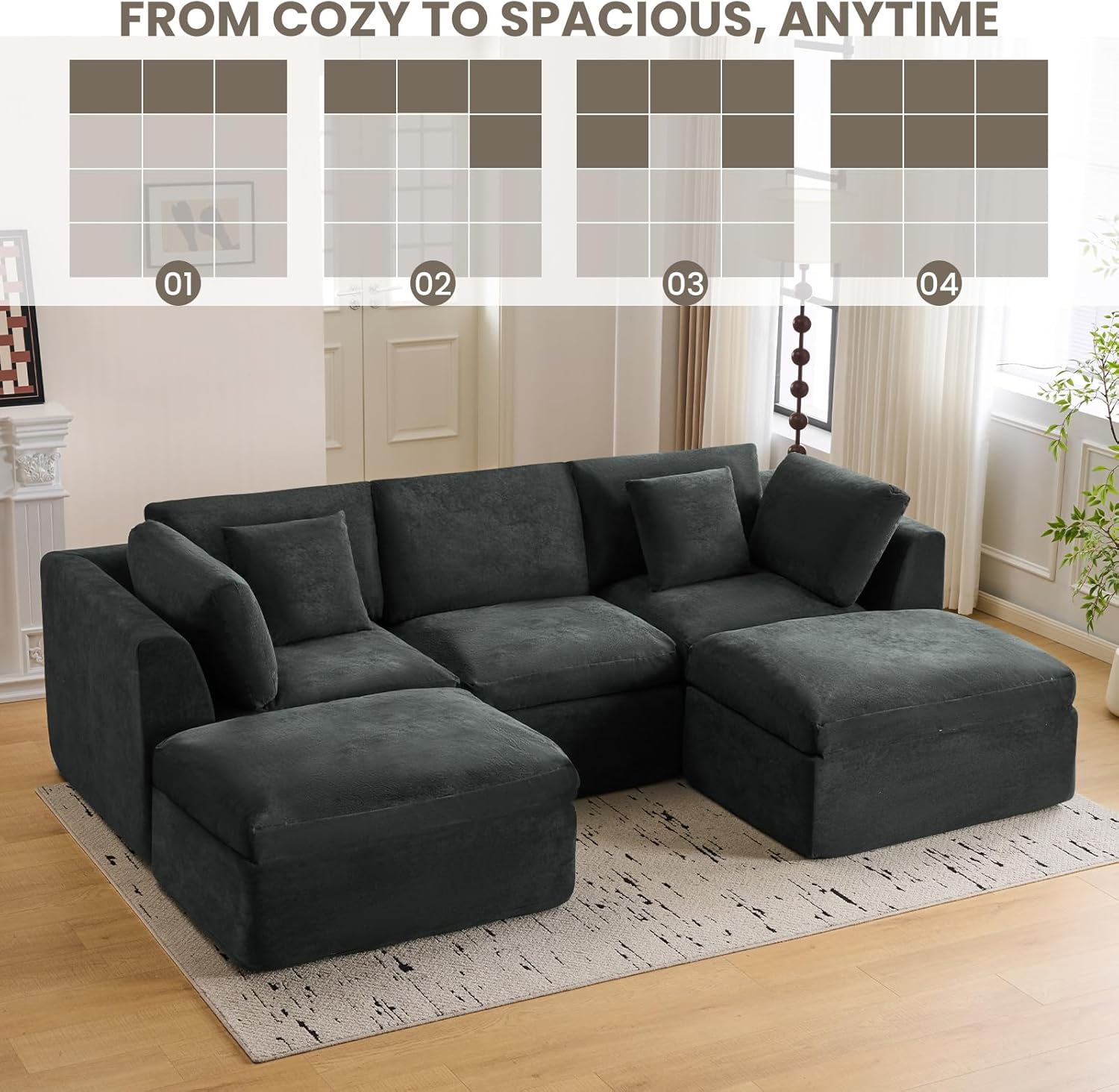 Modular Loveseat Sofa Bed with Ottomans, Fully Compressed Modular Sofa Bed, No Assembly Boneless Modular Couch for Living Room (Grey)