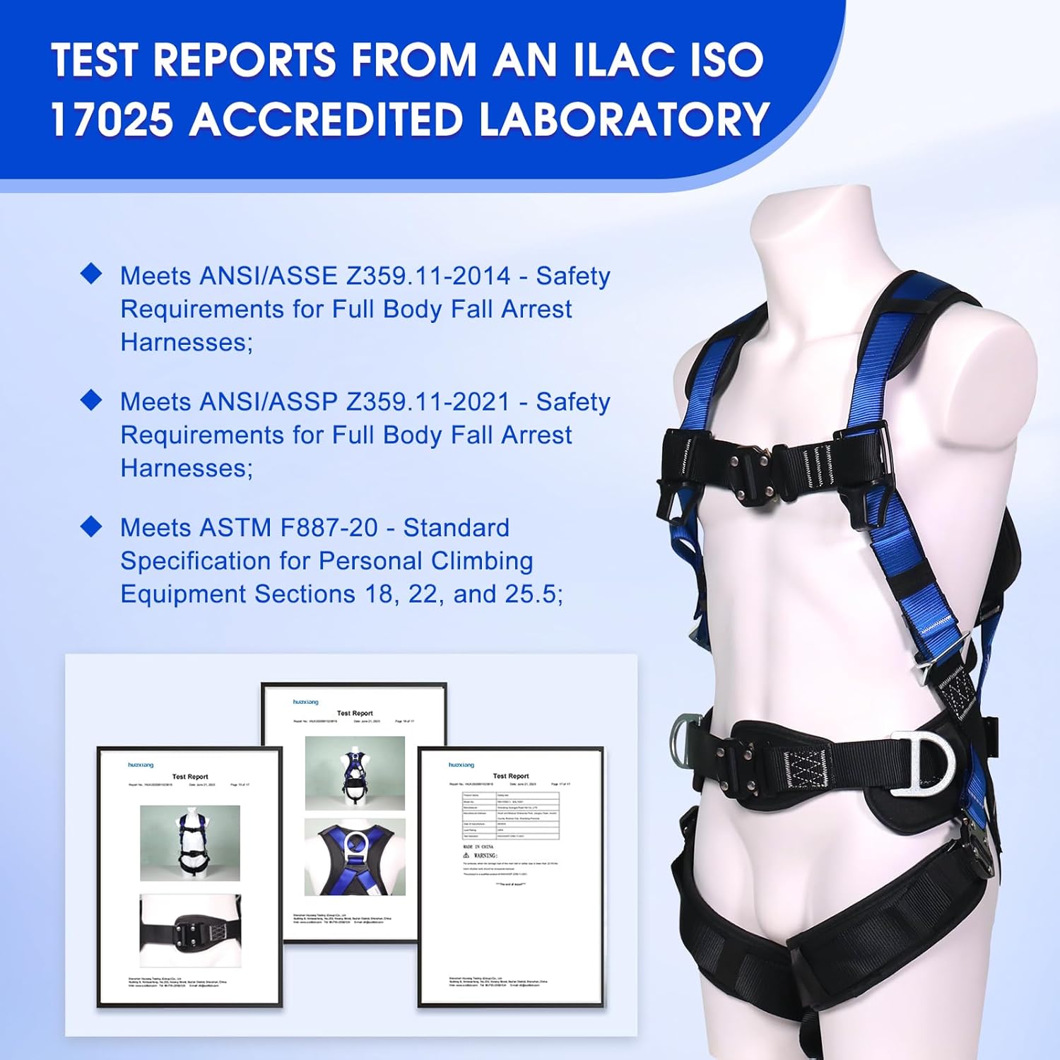 Fall Protection Premium Safety Harness with Shock Absorbing Lanyard, Vented & Padded Shoulder, Legs & Back - Upgrade 4 Quick Buckles (Blue)