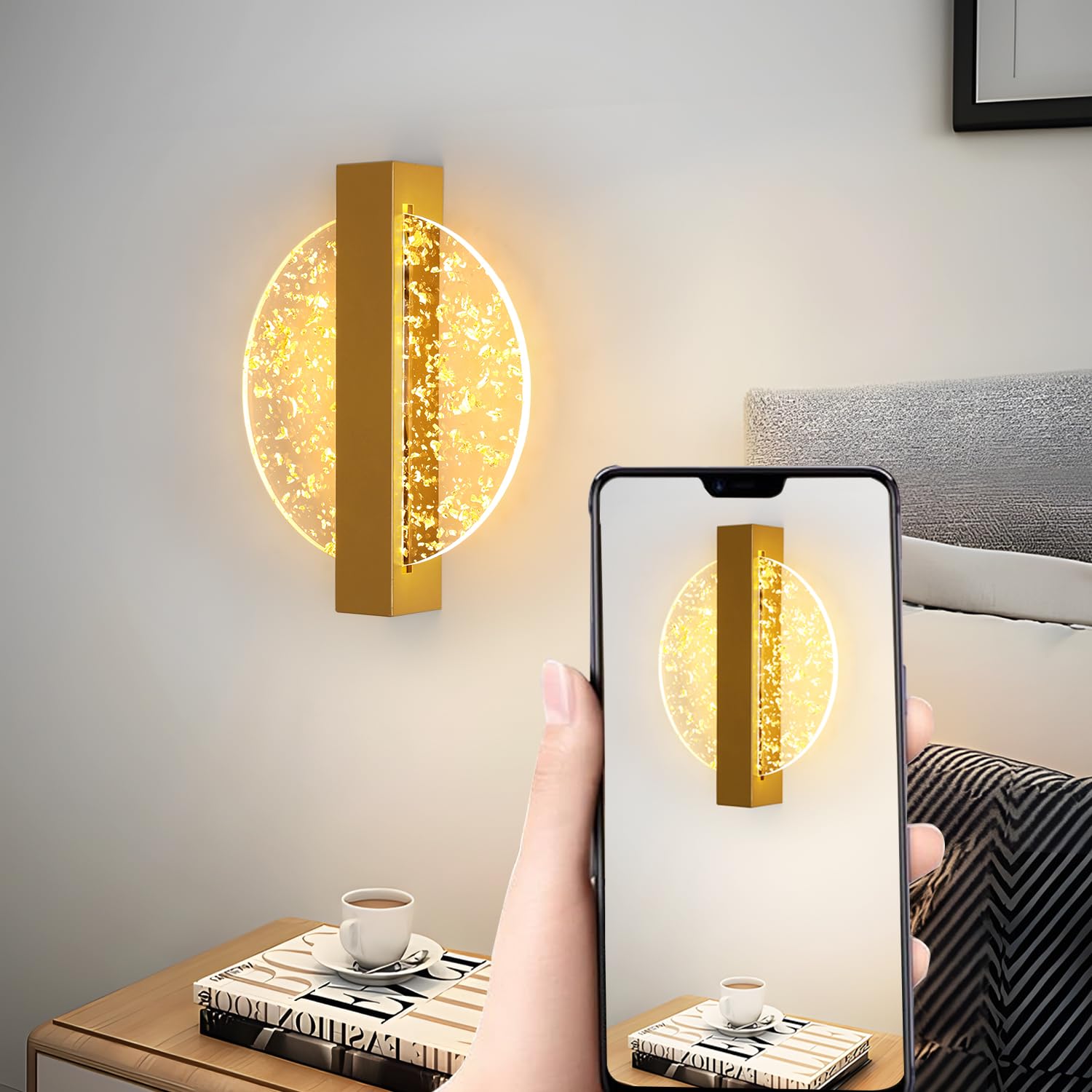 Comely Applique Murale LED Dimmable 12W, Lampe Murale Intérieure Moderne en Aluminium, Or Applique Murale Intérieure Acrylique Ronde pour Salon, Chambre, Escalier, Couloir, Blanc Chaud 3000K