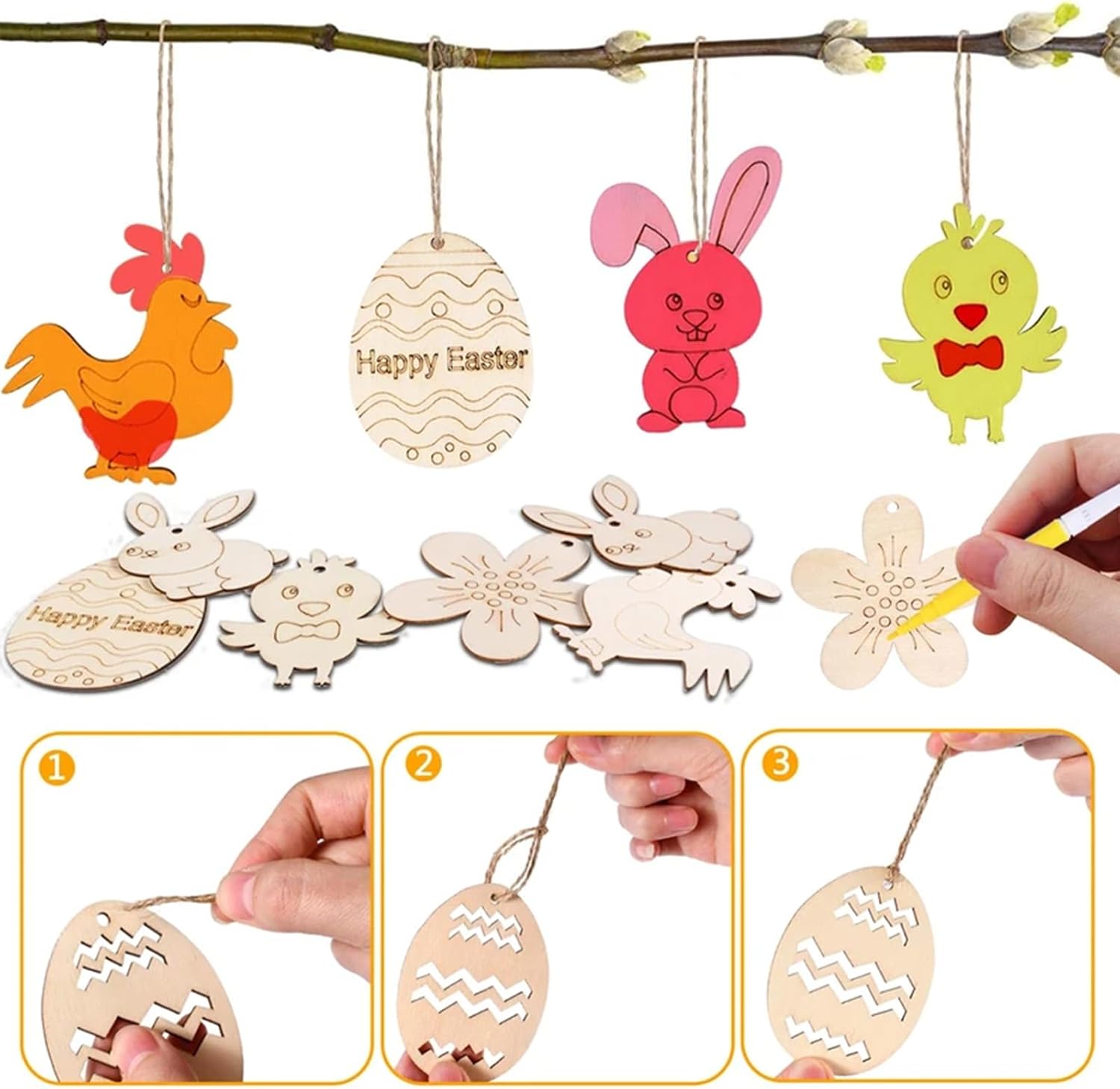 JiaQuenWex Wooden Easter Pendants for Painting - 264 Pieces Easter Craft Children's Set, Easter Pendant Wood for Crafts with Watercolour Pencils, Rhinestones, Eyes, Decorative Cord for Easter