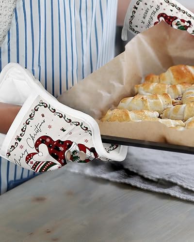 Miniatura 6 de Juego de 4 agarraderas de gnomos de Navidad para cocina, antideslizantes y aislantes de calor, juego de agarraderas de tela de toalla con bolsillo,