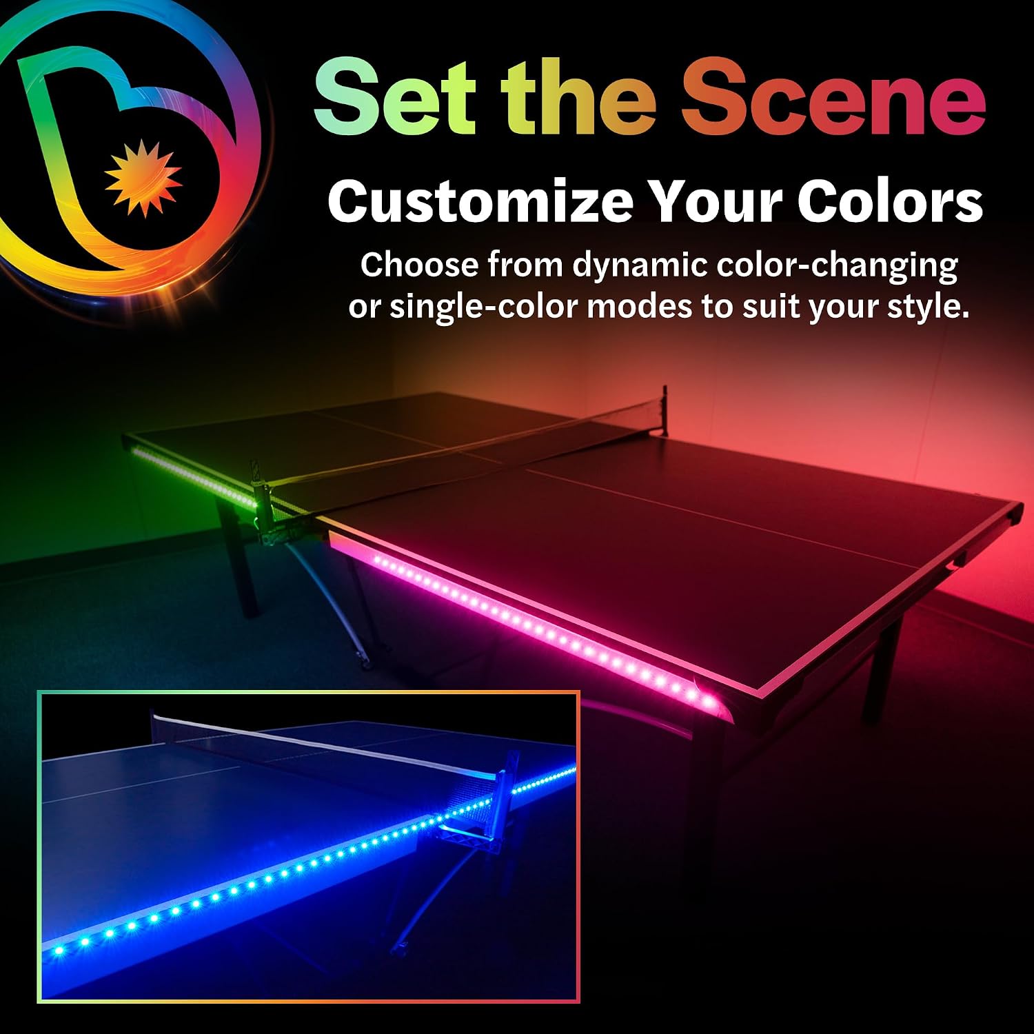 Brightz LED Ping Pong Table Light - Electrify Your Gameplay Experience! 12-Foot Light Strip for Ping Pong Tables - Color Changing or Solid Color Modes (Table Not Included)
