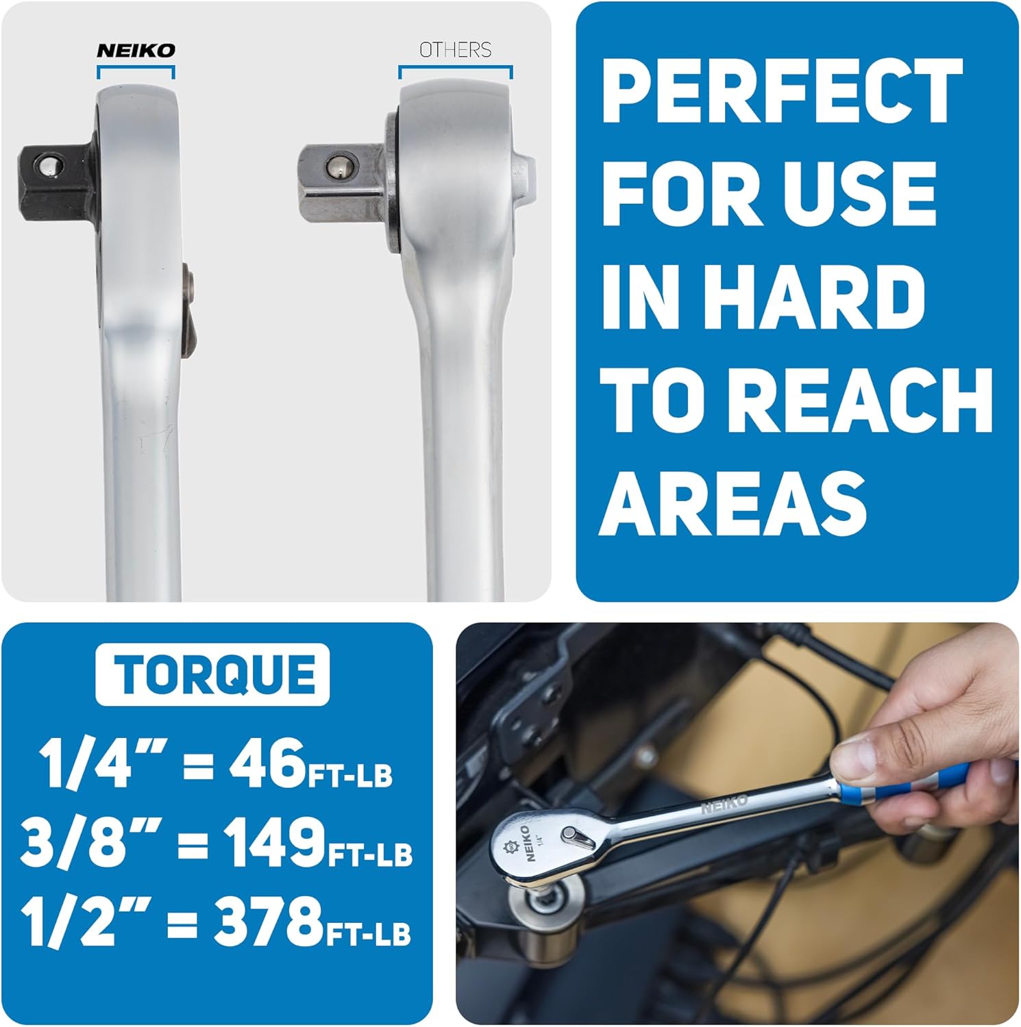 NEIKO 03006A Flat Head Ratchet Set - 3 Piece Low Profile 1/4, 3/8, 1/2 Inch Drive, 90 Teeth, Anodized Textured Grip Handle, Long Handle, Sealed Head, Cr-Mo