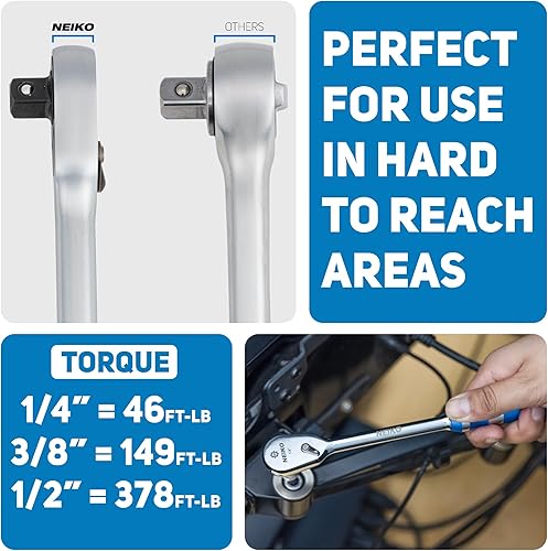 Miniatura 30 de Neiko 03068A Mango de trinquete extensible de 1/2 pulgada, función de trinquete reversible de 72 dientes con mango de agarre suave, longitud de 12 a