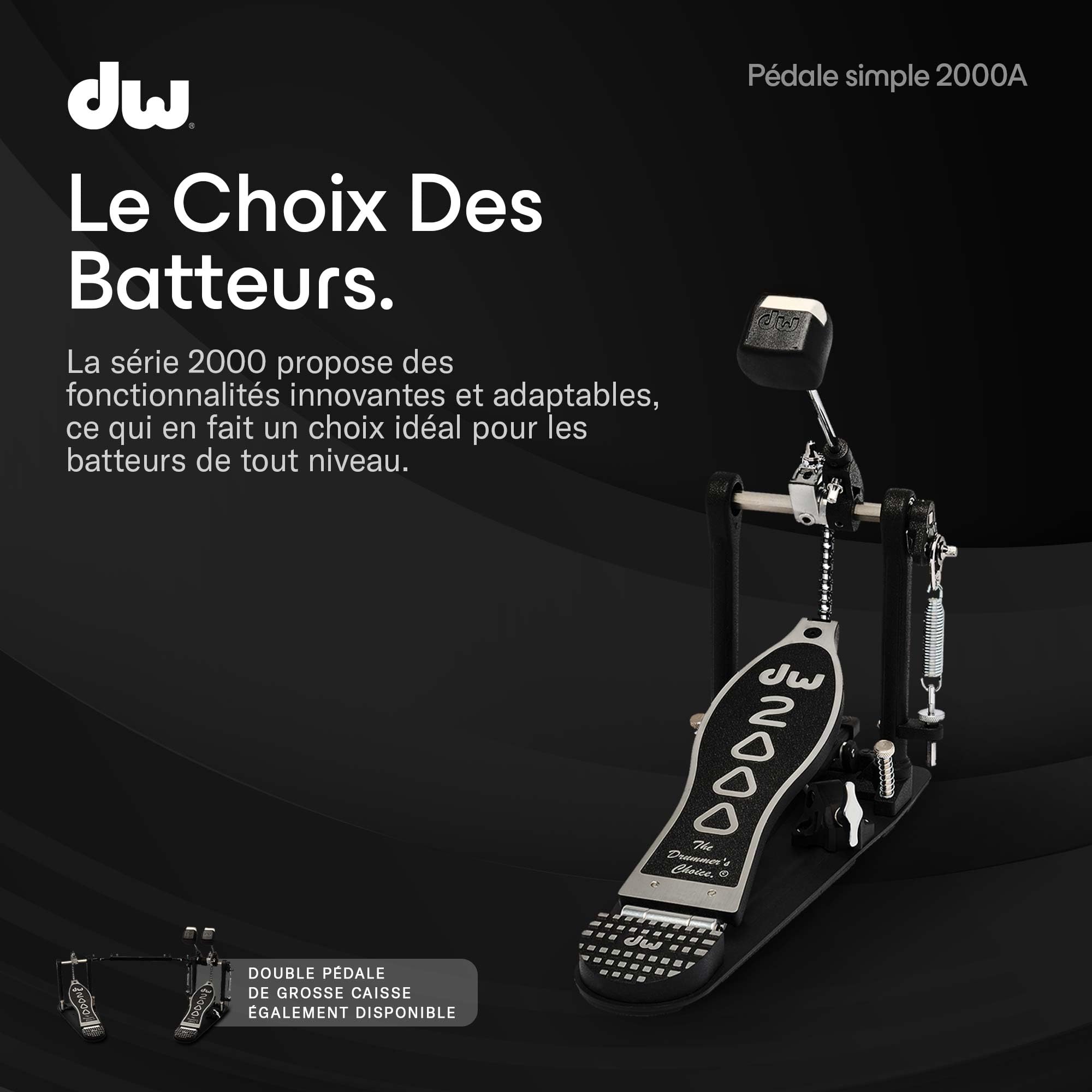 DW 2000A | Pédale de grosse caisse série 2000 | Idéale pour les batteurs de tout niveau | Cadre métallique robuste avec came Accelerator à simple chaîne | Batte à deux faces