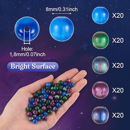 Miniatura 2 de Craftdady 100 cuentas de resina de galaxia de 0.315 pulgadas, 5 colores, cuentas de planeta, bolas de piedras preciosas de imitación, pequeñas