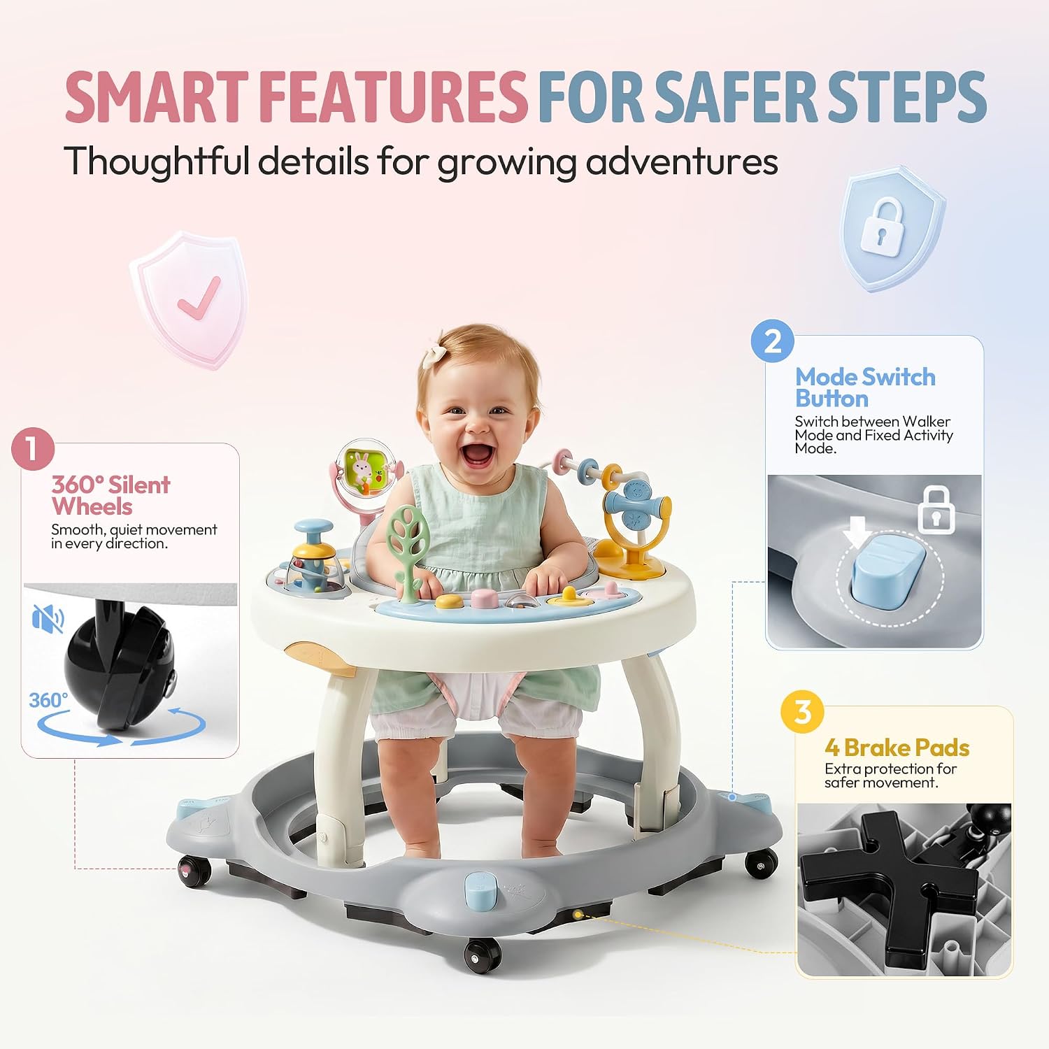 3-in-1 Baby Walker with Wheels,Foldable Infant Walker,Activity Center-Grey | 360° Rotating Seat, Zipper-Adjustable Height, Quiet Wheels, Wide Round Base, Brake Pads, Musical Toys,Compact Storage