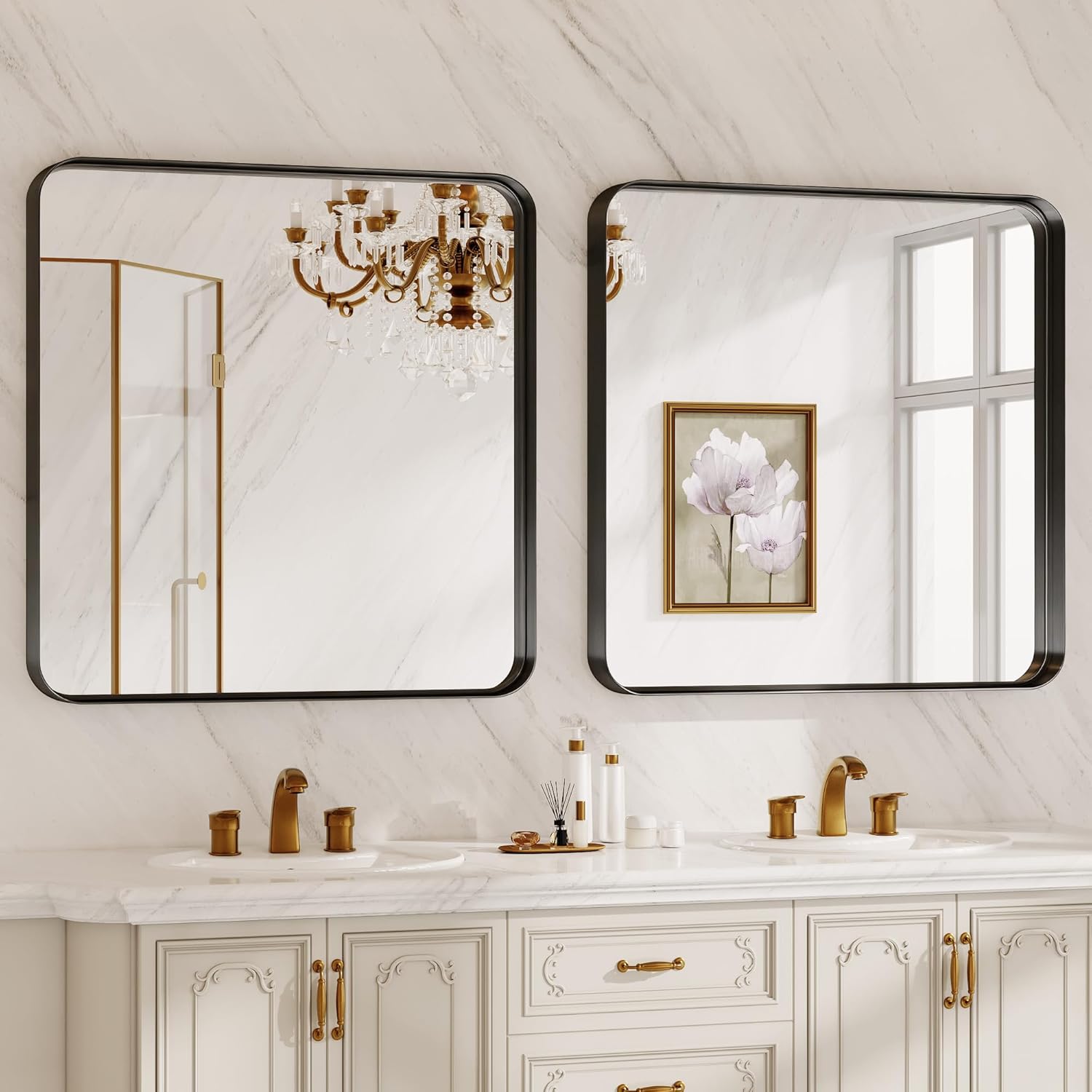 Bathroom Mirror for Wall, 30 Inch Square Mirror, Matte Black Metal Framed Square Vanity Mirror for Bathroom Bedroom Living Room Entryway, Anti-Rust, Tempered Glass, Hanging or Leaning