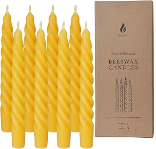 8PCS 7-Inch Pure Beeswax Spiral Taper Candles, Twisted Stick Candles, Dripless & Unscented for Weddings, Christmas, Dinner, Meditation - Natural Yellow
