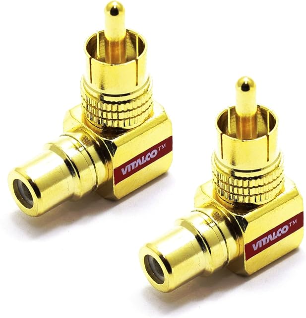 RCA 90 Degree Angled Adapter Vitalco Gold-Plated Phono Right Angle 90° Male to Female Connector 2 Pieces set