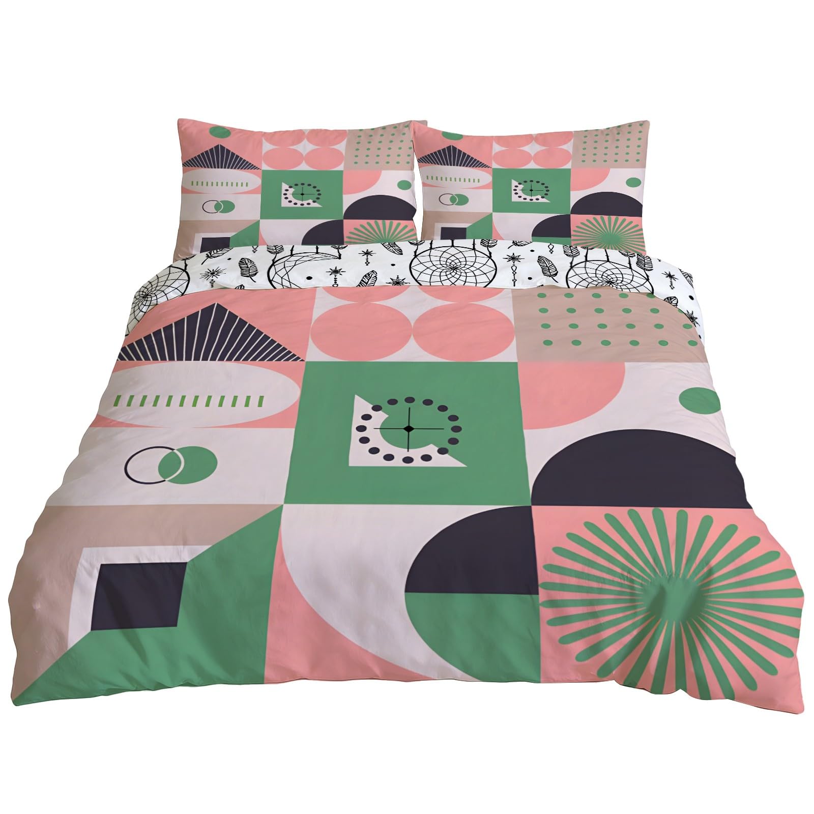 Single Duvet Cover Sets (135x200 cm) | Reversible Bedding & 2 Pillowcase Geometric Patchwork Quilt Covers | Polycotton Single Bedding Sets | Washable Linen | Cherry Blossom Pink