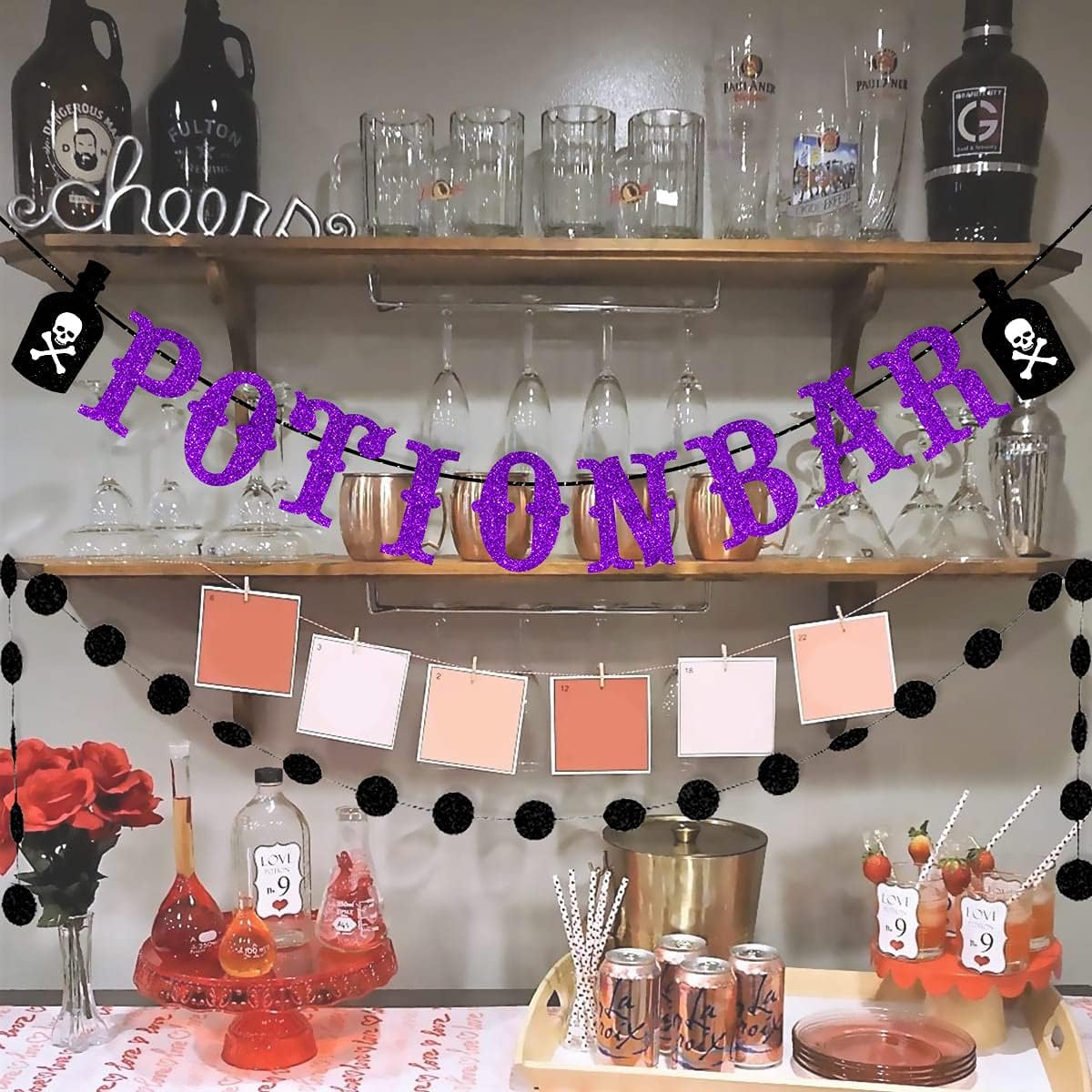 Halloween Potion Bar Banner and Circle Dots Garland - Halloween Witch Party Supplies for Bar Table Home Indoor Outdoor Decors (Purple Black Glittery)