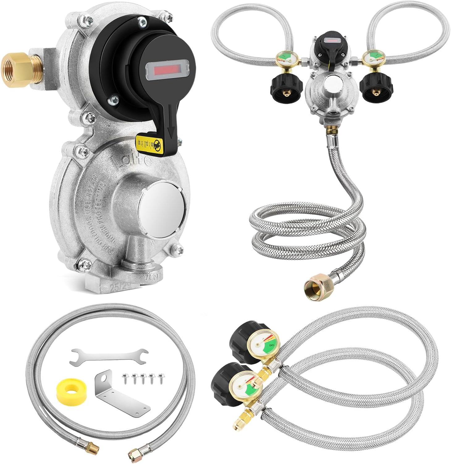 2-Stage Auto Changeover LP Propane Gas Regulator, 6FT(1.8m) Stainless Steel Braided Hose Assemblies, 2 Pack 18" RV Pigtail Propane Hose with Gauge, Dual Propane Tank Regulator for RVs Trailers Campe