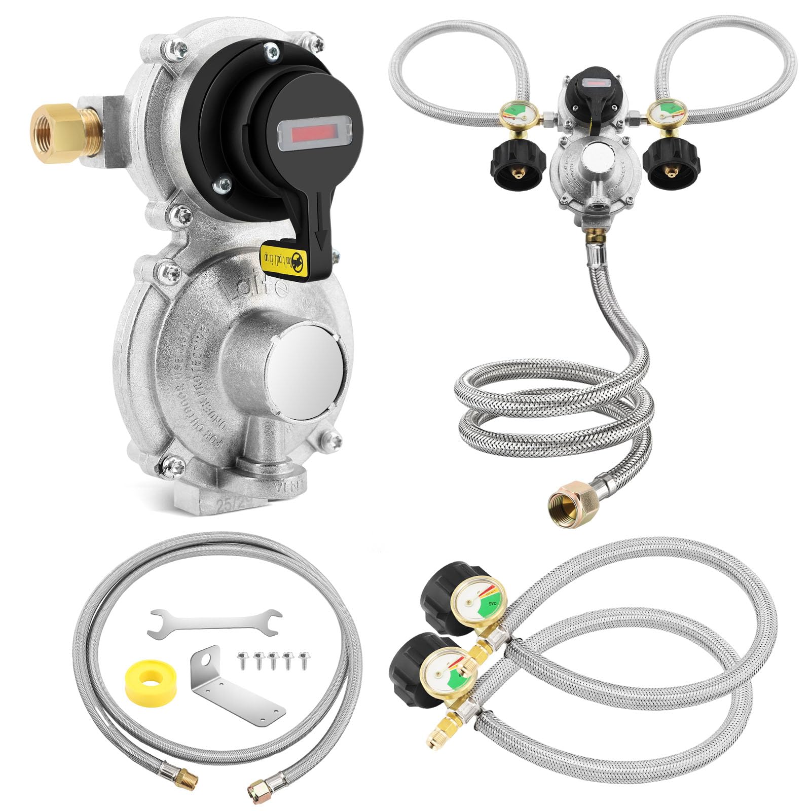 Regulador de gas propano LP de cambio automático de 2 etapas con 2 mangueras de propano de 18 pulgadas con calibre y conjuntos de manguera de regulador trenzado de acero inoxidable de 6 pies