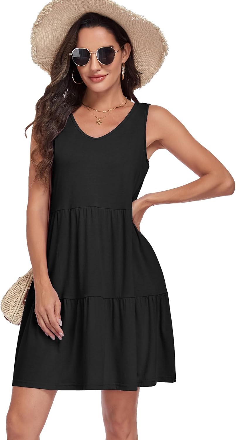 elescat Sundresses for Women Summer Casual Loose Sleeveless Tiered Swing V Neck Tank Dress with Pockets - Image 5