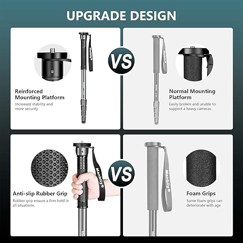 Miniatura 8 de Manbily Monopod de cámara de 65 pulgadas, monopie de viaje de aluminio de 5 secciones para cámaras réflex digitales Canon, Nikon, Sony, videocámara,