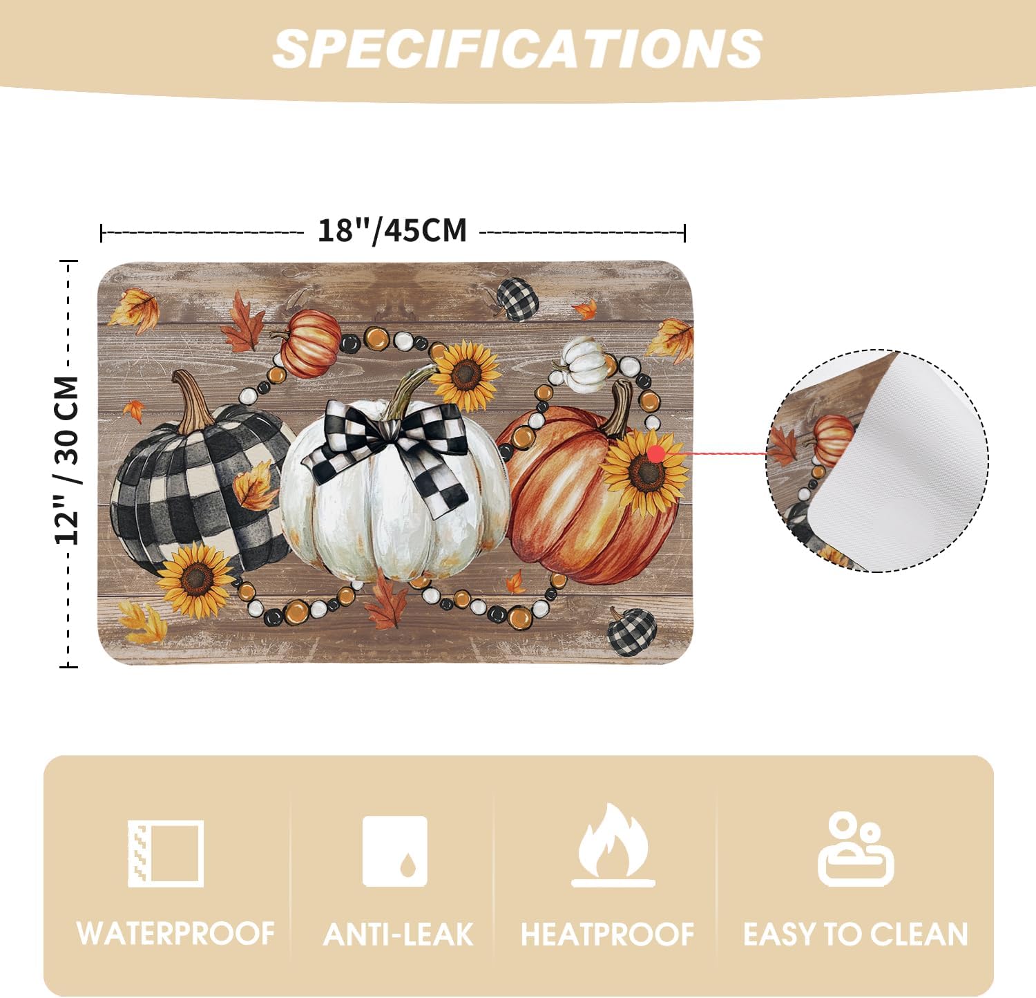 Artoid Mode Pumpkins Sunflowers Fall Faux Leather Placemats Set of 4, 12x18 Inch Thanksgiving Waterproof Wipeable Heat Resistant Vinyl Place Mats，Table Mats for Party Kitchen Dining Decor