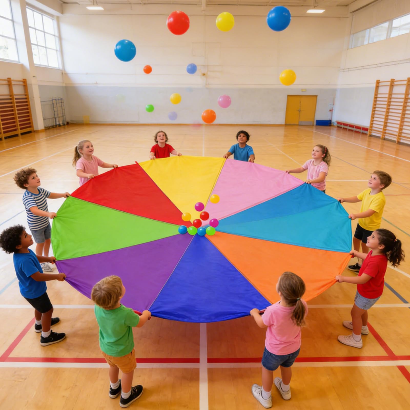 Paracadute Bambini,3,6 m Paracadute Ludico Arcobaleno con 8 Maniglie e 10 Palle,Giochi All'aperto Lezioni Di Sport E Feste Di Compleanno Per Bambini