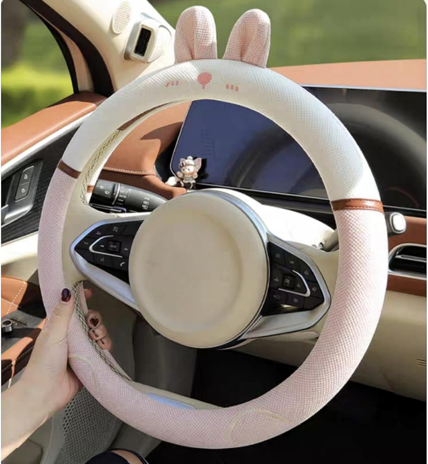 15 Inches Universal Round Car Steering Wheel Cover, Cute Bunny Soft Breathable Non-Slip Steering Wheel Protector Wrap for Women (Pink)