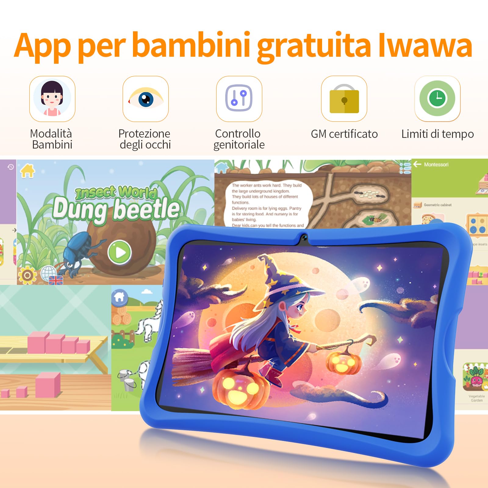 DigiLand Tablet per Bambini 10,1 Pollici, Android 15 con Custodia Protettiva, 6GB+32GB, Schermo IPS 1280*800, Doppia Fotocamera 2MP+5MP, 6000mAh, Tablet Didattico con Controllo Parentale & iWawa(Blu)