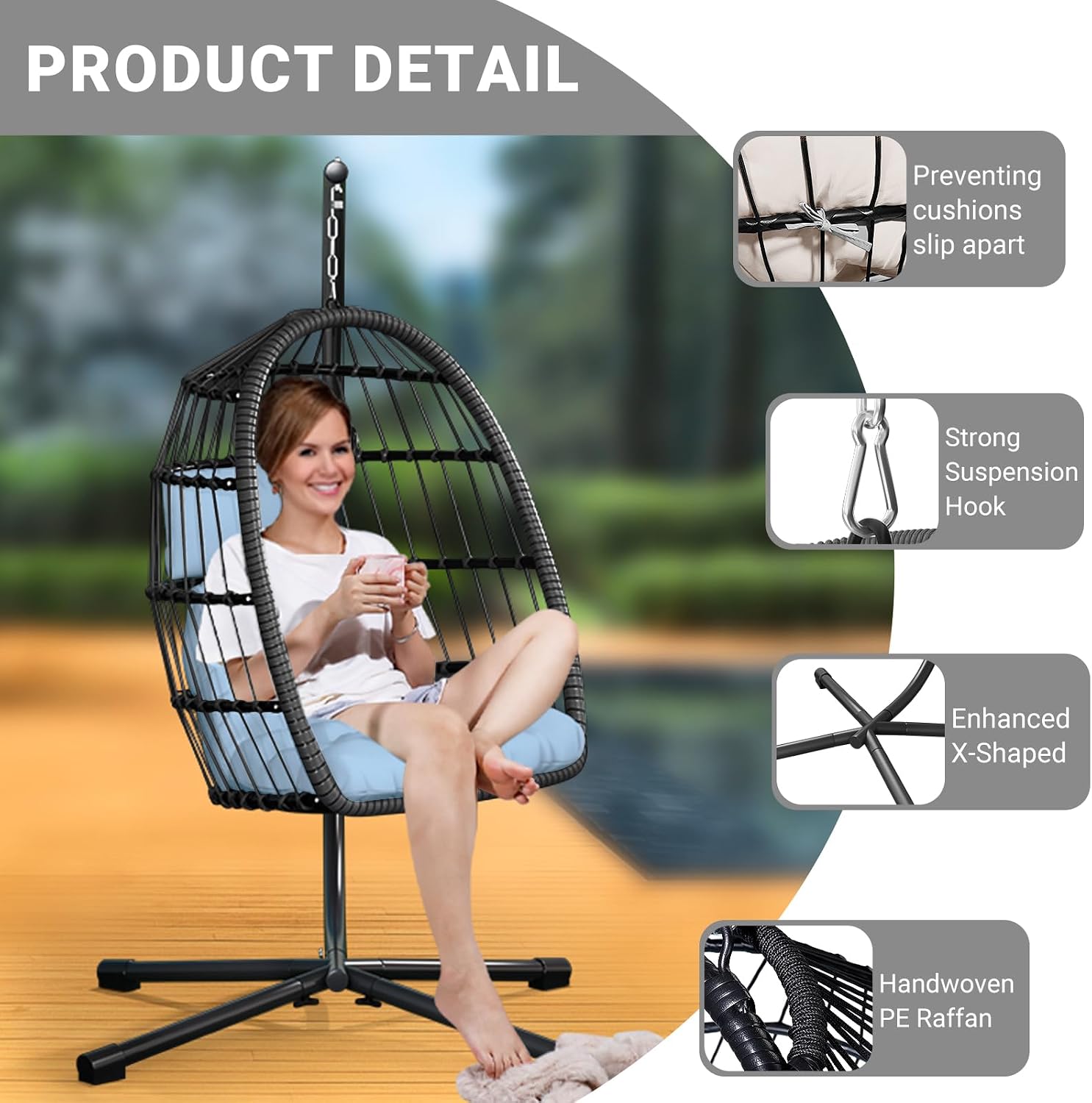  Egg Chair with Stand,Patio Rattan Wicker Hanging Swing Egg Chair Hammock Chair for Bedroom Porch Garden,Thickened Aluminum Alloy Steel Frame and UV Resistant Cushion,350LBS Capacity thumbnail