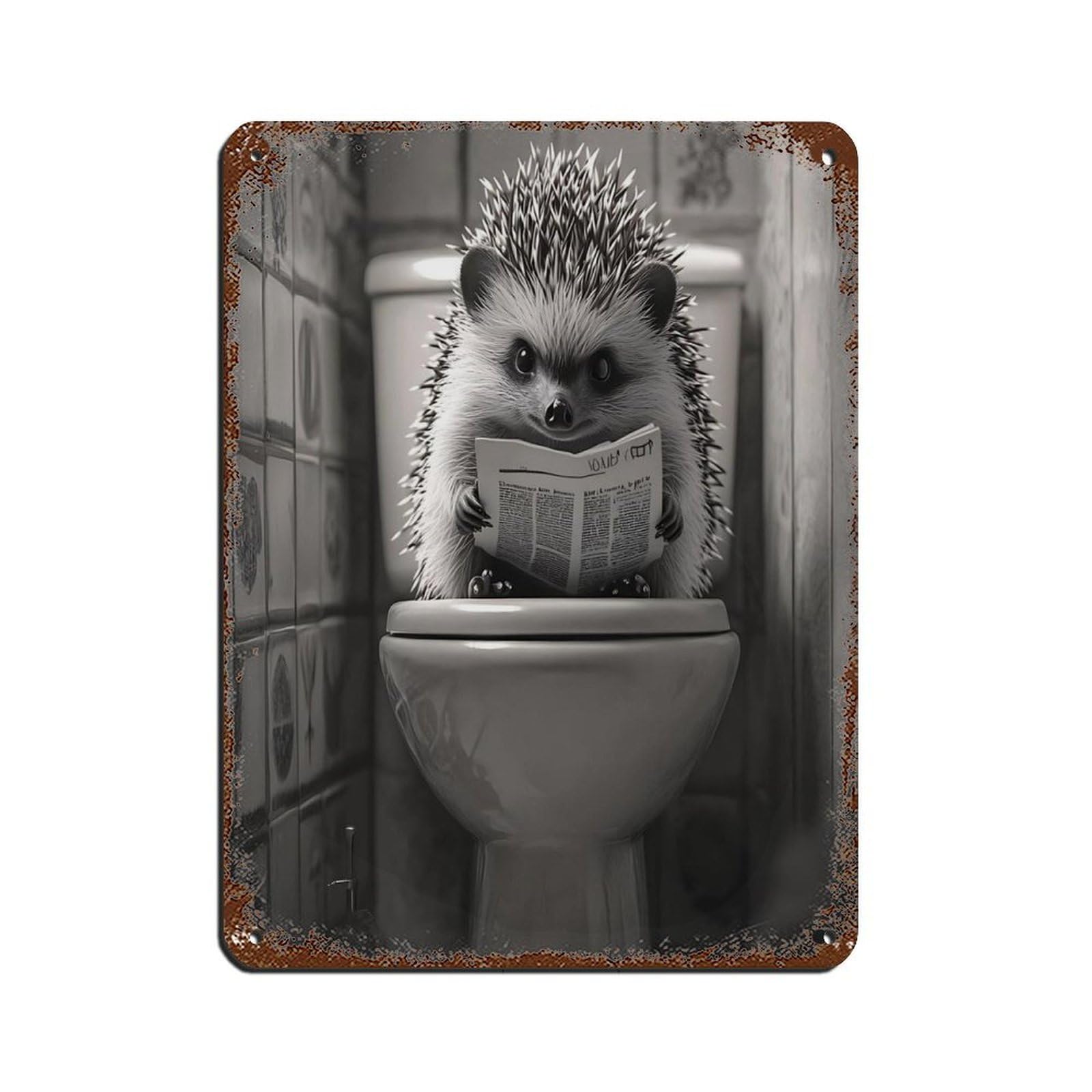 Quirky Hedgehog Bathroom, Reading Newspaper Retro Poster Metal Tin Sign Chic Art Retro Iron Painting Bar People Cave Cafe Family Garage Poster Wall Decoration 12x16inch(30x40cm)