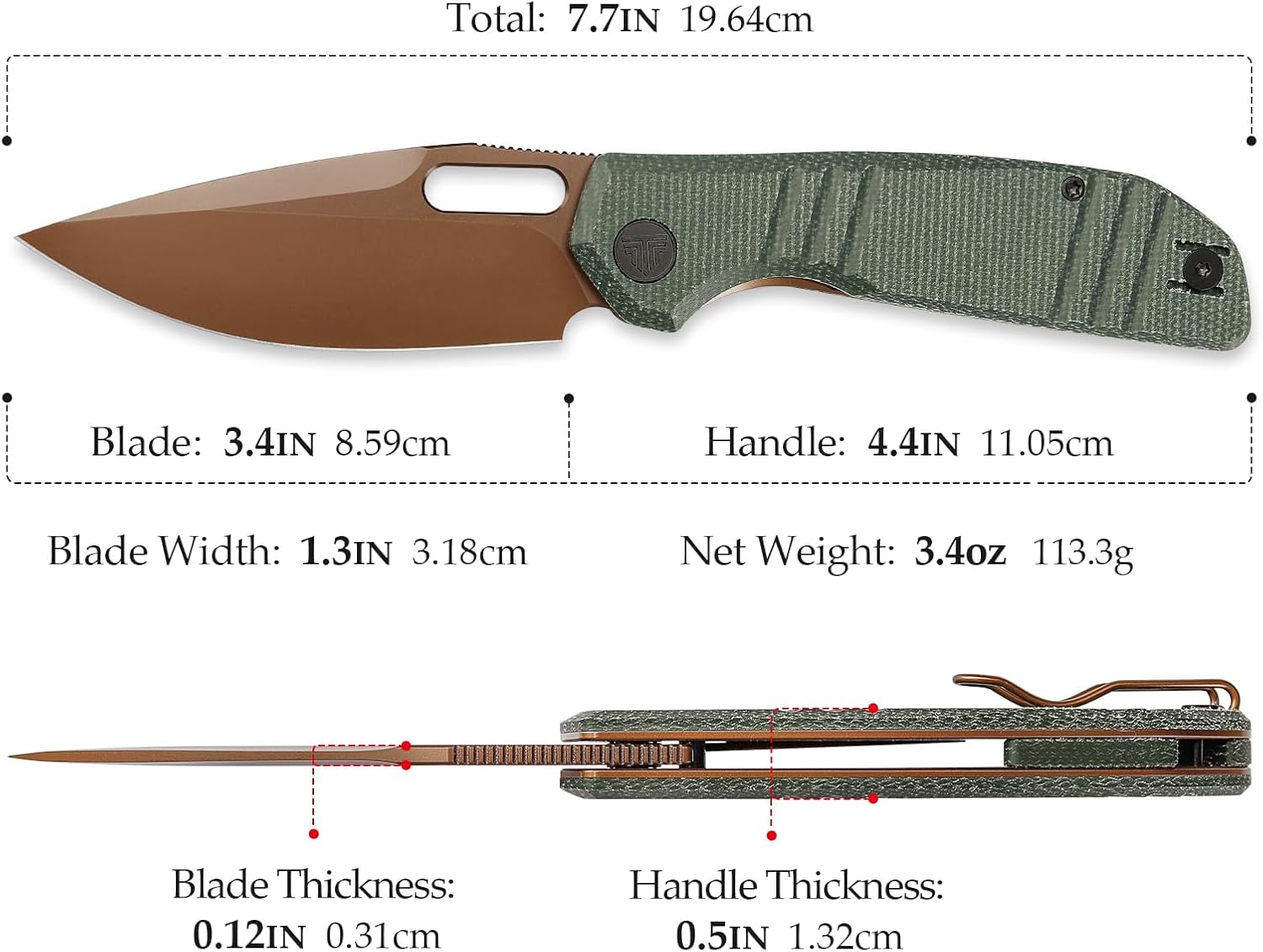 TRIVISA Gecko Folding Pocket Knife, 3.4" 14C28N Steel Rose Gold Blade Green Micarta Handle EDC Knife with Pocket Clip for Men Women Camping Survival Hiking,Gecko-GM