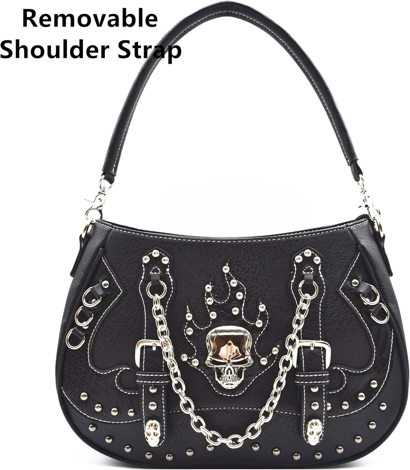 WESTERN ORIGIN Punk Gothic Skull Chain Crossbody Handbag Removable Strap Purse Women Single Shoulder Bag/Wallet Black - Image 2