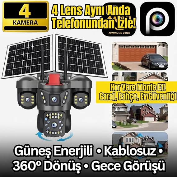 4 Lensli SIM+ E-SIM Çalışan Güneş Enerjili Akıllı Kamera,IP66, 512GB SD Kart Destekli,40 Metreden Hareket Algılama Tek Sarjla Bir Hafta Kesintisiz Çalışma,Dış Mekan,Türkçe Kurulum Destek