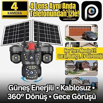 4 Lensli SIM+ E-SIM Çalışan Güneş Enerjili Akıllı Kamera,IP66, 512GB SD Kart Destekli,40 Metreden Hareket Algılama Tek Sarjla Bir Hafta Kesintisiz Çalışma,Dış Mekan,Türkçe Kurulum Destek