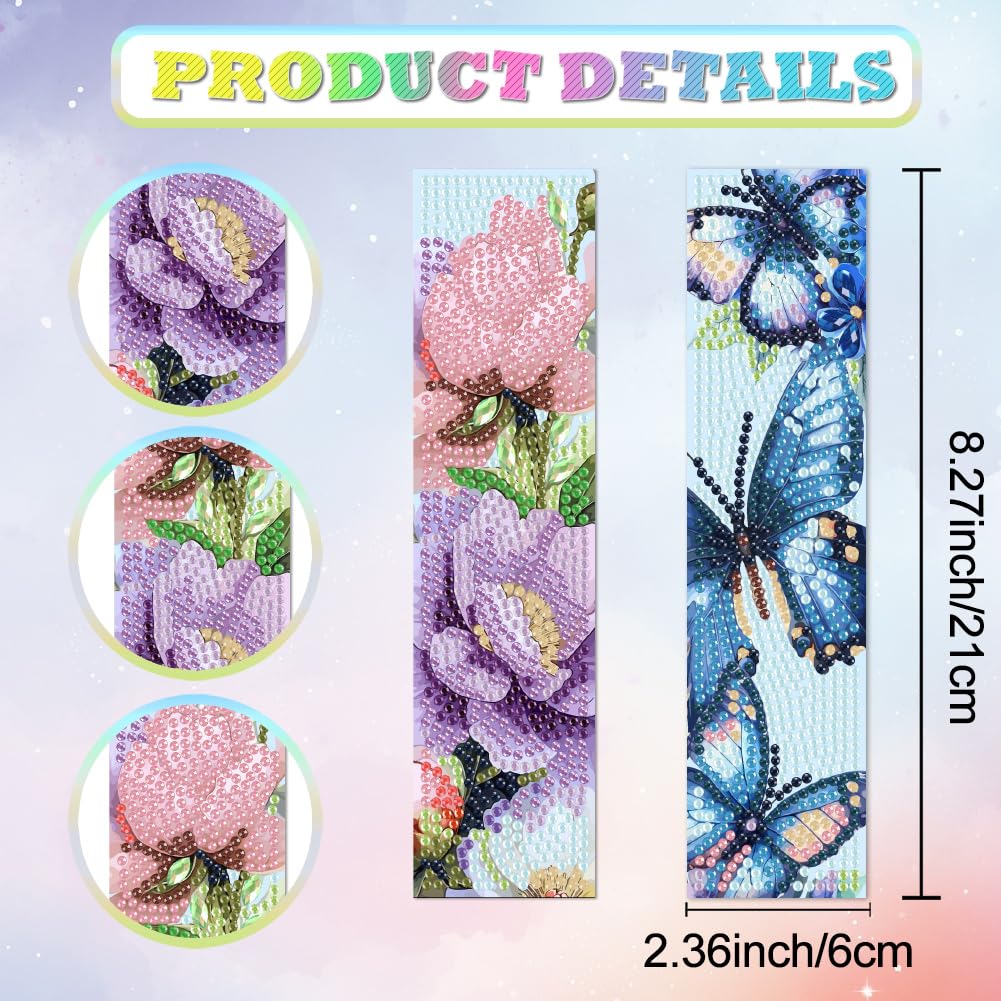 beinkmake 6Pcs Flower Butterfly 5D Diamond Art Bookmarks Sunflower Paeony Roses Floral Diamond DIY Painting Bookmarks Rhinestones Beaded Acrylic Tassel Bookmark for Adult Beginner Crafts - Image 2