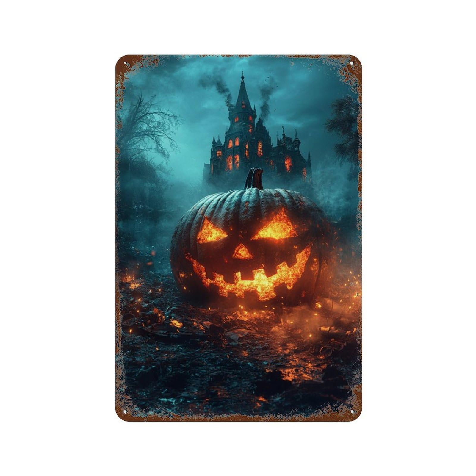 Halloween Castle Scene Rustic Tin Plaque 11.8"x7.9", Rustic Home Decor for Office, Studio And Wall Decor