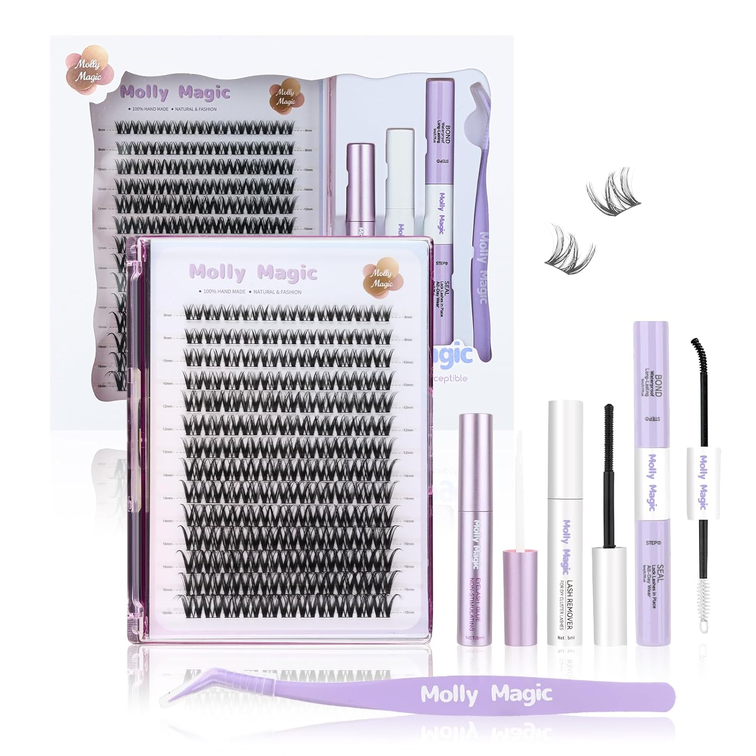 Molly Magic Flora Lash Clusters Kit, Wispy Natural 8-18mm D Curl Individual DIY False Eyelash Extension Kit with Lash Bond and Seal, Thin Invisible Black Lash Band