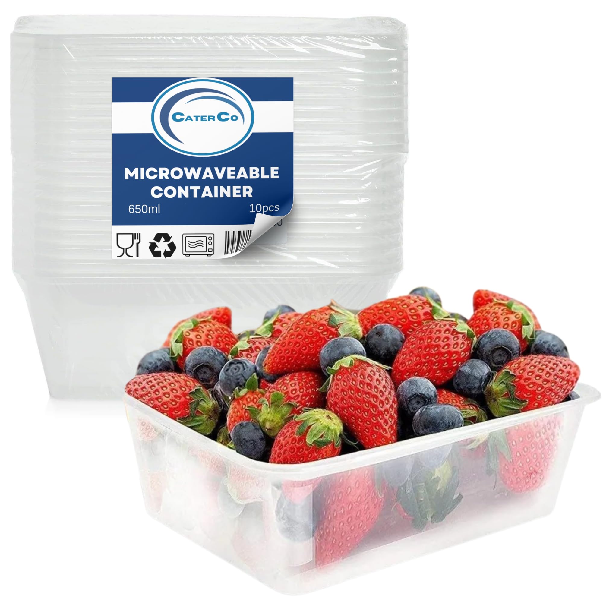 Caterco Transparent Clear Rectangular Plastic Food Containers With Lids - Reusable, Microwave & Freezer Safe, Airtight, Recyclable, Bpa-Free, Stackable Container For Meal Prep - Set Of 10-650Ml