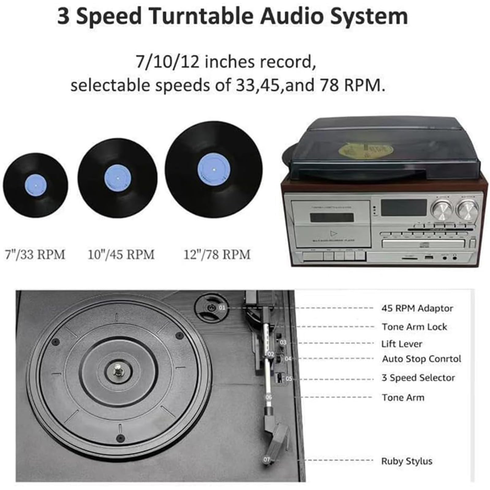 Boombox - Lettore CD portatile e giradischi in vinile con Bluetooth, altoparlanti stereo a 3 velocità, AUX-In, riproduzione USB, uscita cuffie per la decorazione domestica