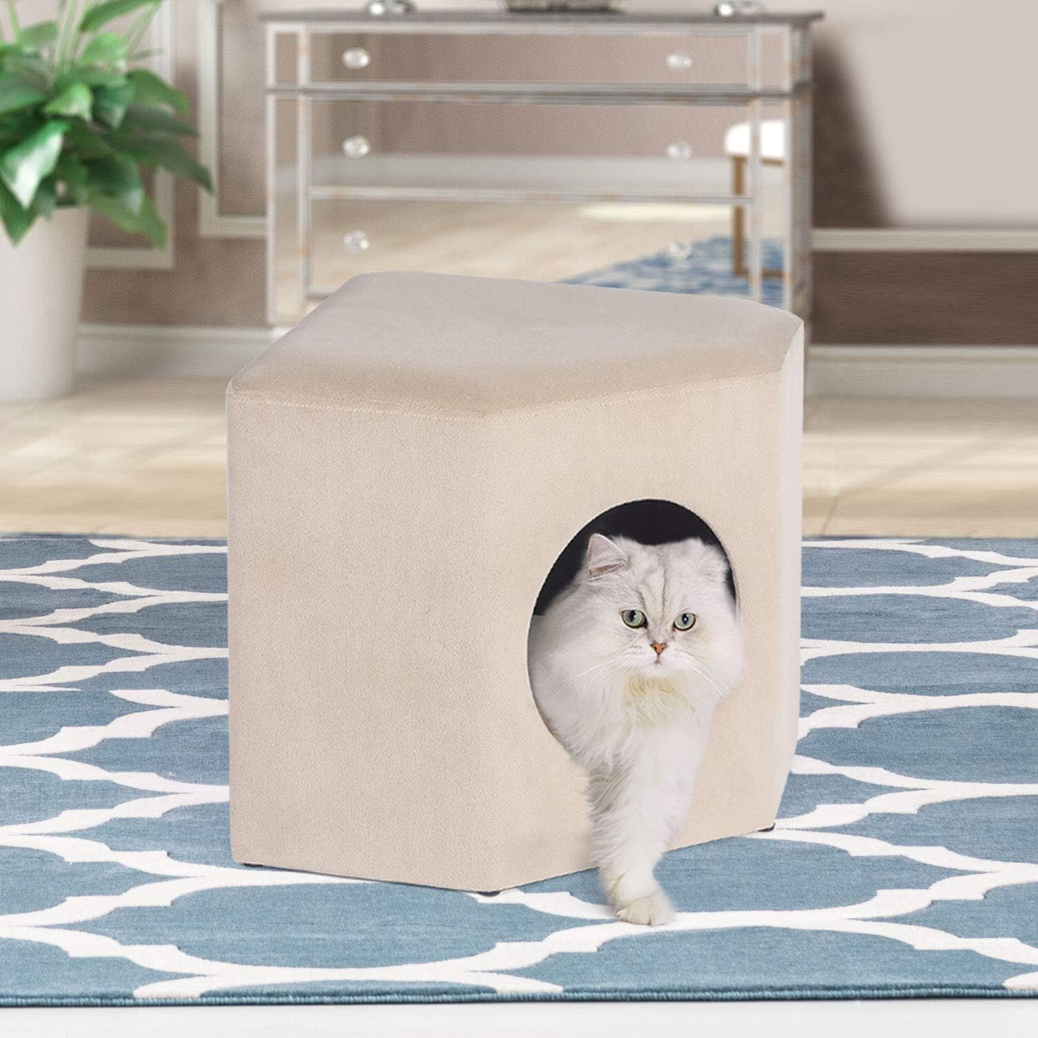 Adeco Modern Cat Condo Ottoman Pet House Ottoman with Removable Padding Round/Square Foot Stool Ottoman 2-in-6 Kitty Bed for Small Cats