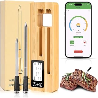GFTIME Kabelloses Fleischthermometer mit Bluetooth und Booster, 2 ultradünne Sonden, IPX8 wasserdichte Sonden, Digitales Grillthermometer mit App, Wiederaufladbar für Grill, Smoker und Ofen