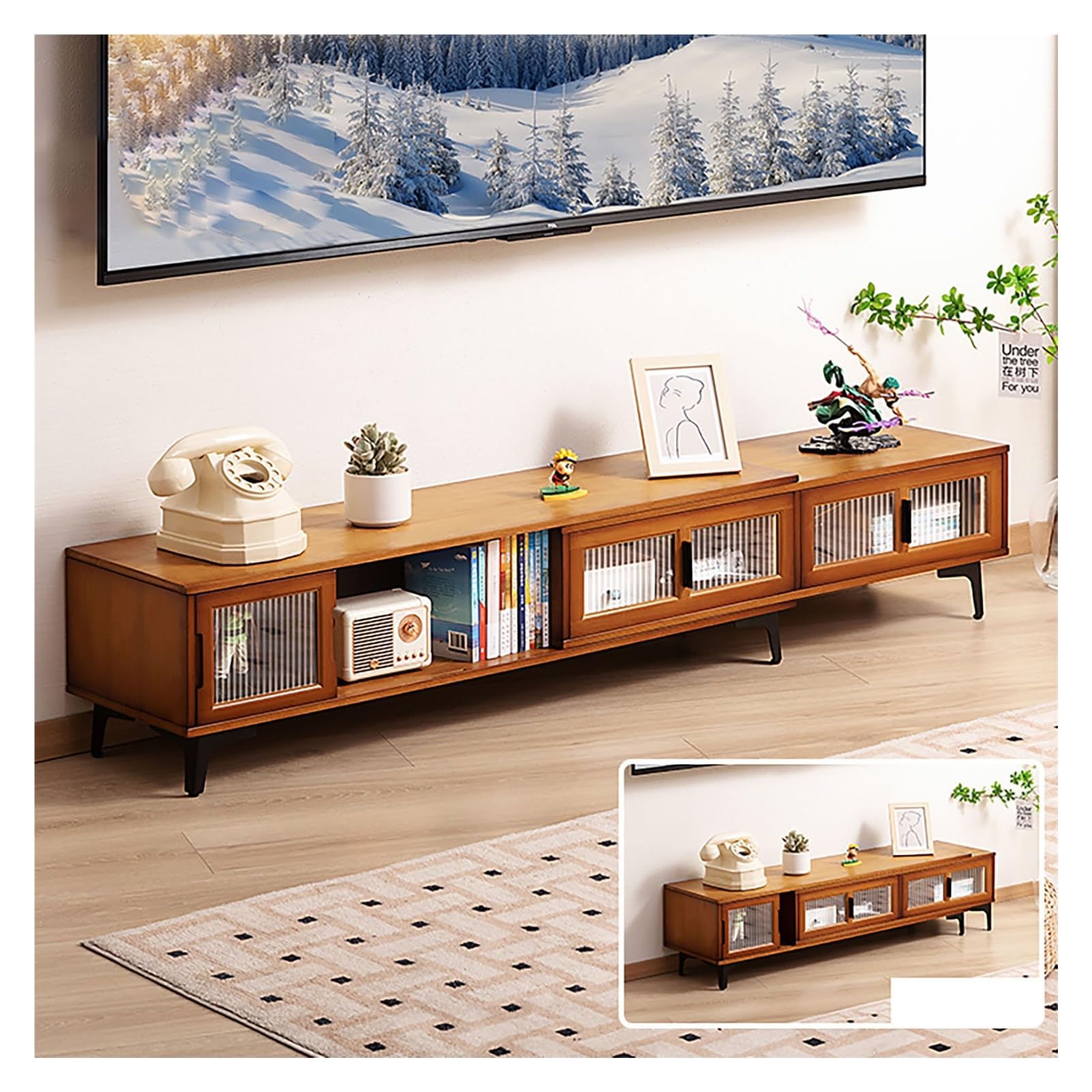 Meuble TV extensible en bois noble, console multimédia haut de gamme pour grand salon
